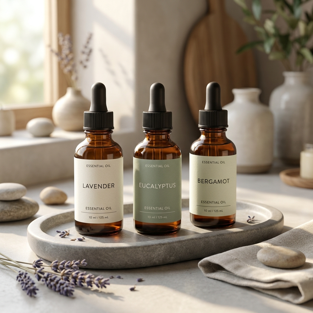 Kinestra Essential Oil Trio amber bottles on a stone tray with lavender