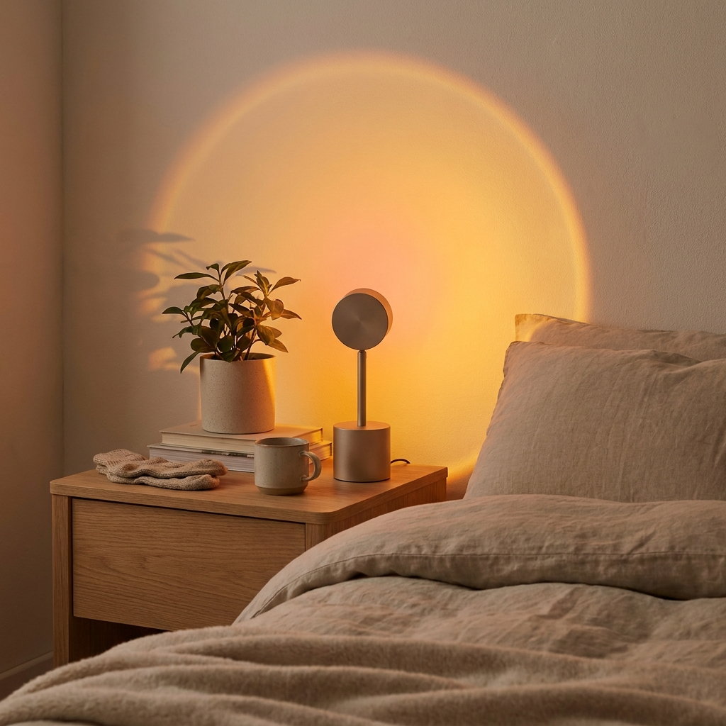 Kinestra Sunset Projector Lamp casting warm amber glow on a bedroom wall