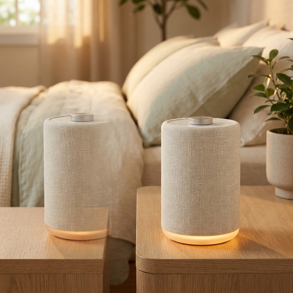Kinestra Dream Sound Machine on a nightstand beside a bed