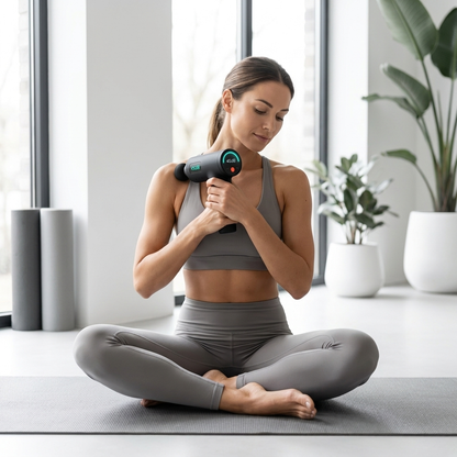 Pulse Pro massage gun used on shoulder in bright yoga studio