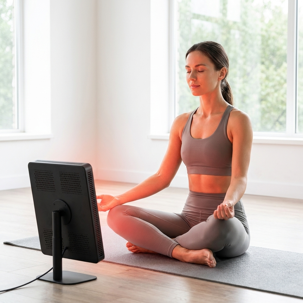 Lumina red light panel session in bright yoga studio