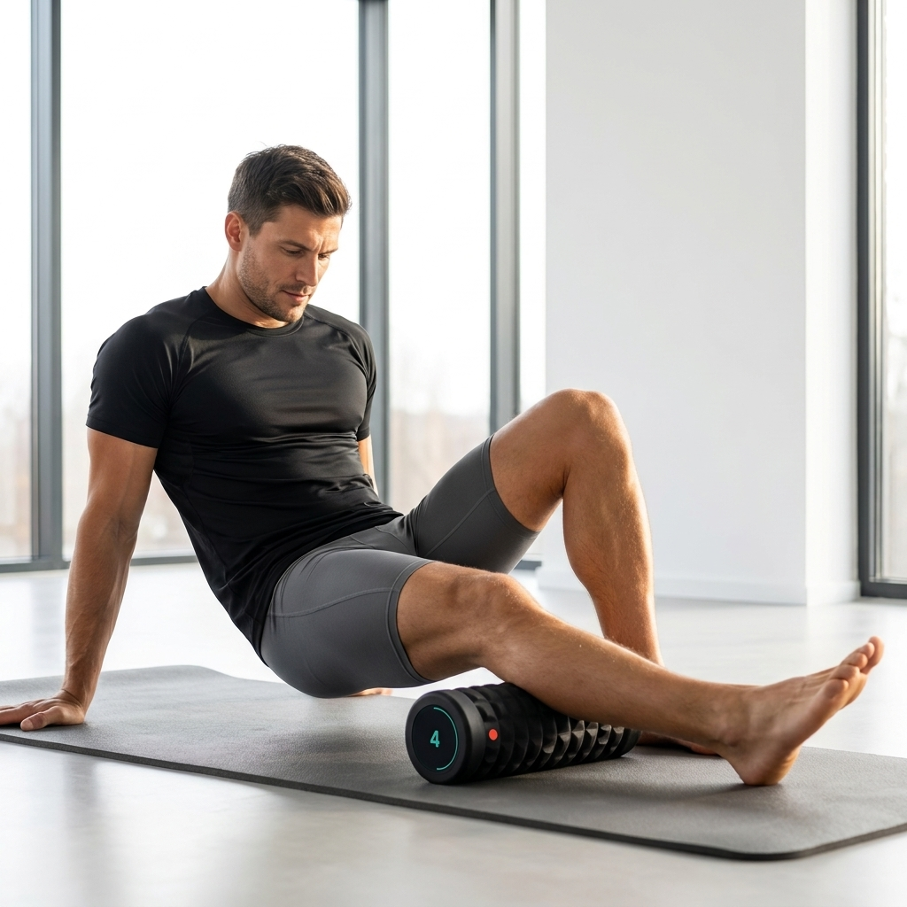 RollWave foam roller calf rolling in bright yoga studio