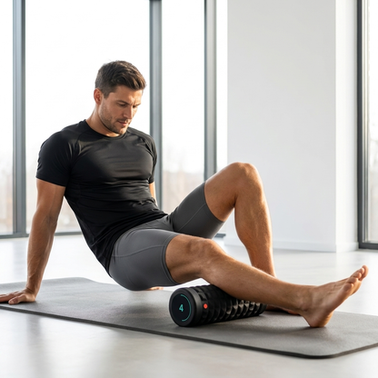 RollWave foam roller calf rolling in bright yoga studio
