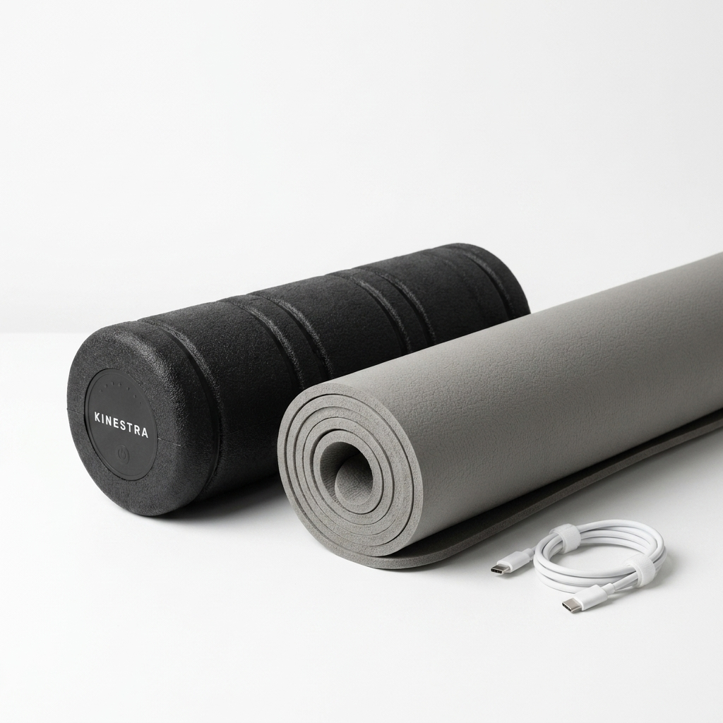 RollWave vibrating foam roller packshot with grey yoga mat and USB-C cable