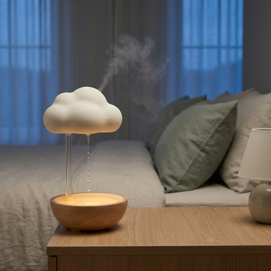 Kinestra Rain Cloud Diffuser glowing on a bedroom nightstand at twilight