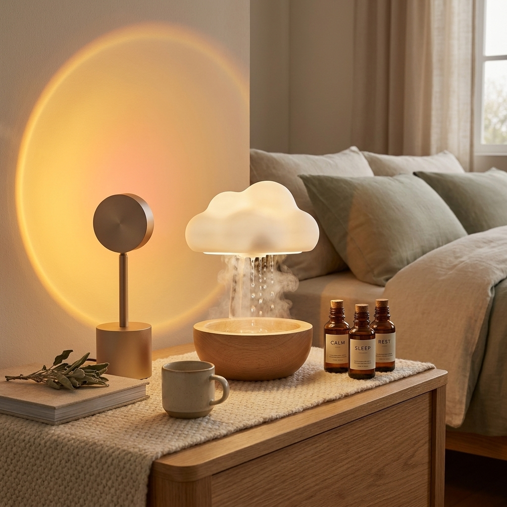 Kinestra Complete Calm Set — diffuser, essential oils and sunset projector lamp